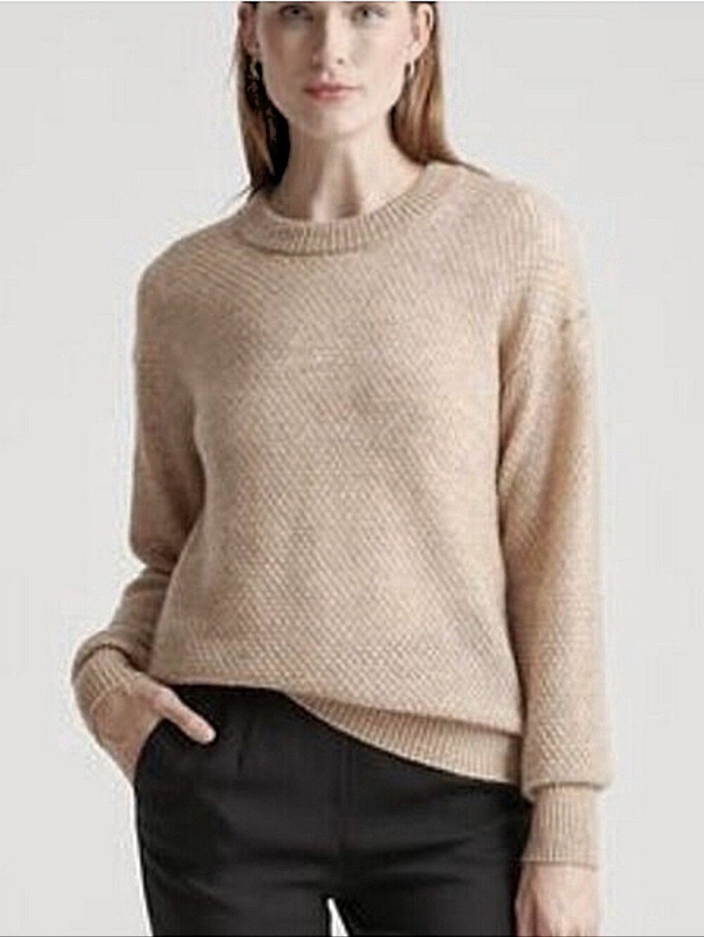 Quince Baby Alpaca-Wool Diamond Stitch Crew Tan Women's Medium Preppy
